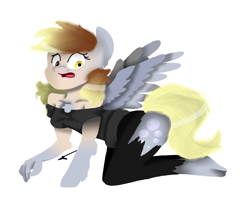 Size: 2708x2215 | Tagged: safe, artist:toffee-the-dingo, imported from derpibooru, derpy hooves, human, pegasus, pony, all fours, butt, clothes, eye color change, female, high res, human to pony, open mouth, simple background, solo, spread wings, surprised, torn clothes, transformation, white background, wings