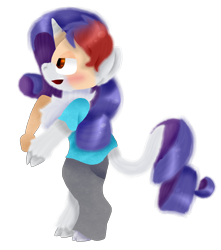 Size: 2988x3385 | Tagged: safe, artist:toffee-the-dingo, imported from derpibooru, rarity, human, pony, unicorn, clothes, cloven hooves, female, high res, horn, human to pony, leonine tail, lidded eyes, open mouth, profile, simple background, smiling, solo, standing, tail, transformation, transparent background