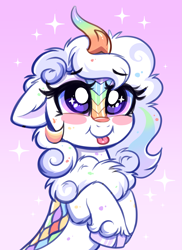 Size: 4225x5818 | Tagged: safe, artist:confetticakez, imported from derpibooru, oc, oc only, oc:cloudy canvas, kirin, :p, absurd resolution, blushing, chest fluff, cloven hooves, cute, eyebrows, eyebrows visible through hair, female, gradient background, horn, kirin oc, kirinbetes, ocbetes, solo, sparkles, sparkly eyes, tongue out, unshorn fetlocks, wingding eyes