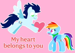 Size: 2602x1847 | Tagged: safe, anonymous artist, derpibooru exclusive, imported from derpibooru, rainbow dash, soarin', pegasus, pony, series:soarindash romantic tales, female, flying, heart, lineless, looking at each other, looking at someone, male, mare, shipping, smiling, smiling at each other, soarindash, stallion, straight, text