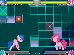 Size: 993x745 | Tagged: safe, artist:tom artista, imported from derpibooru, firefly, pinkie pie, rainbow dash, earth pony, pegasus, fighting is magic, bipedal, eyes closed, g1, game screencap, geometry, neon, recolor, stage, the backrooms