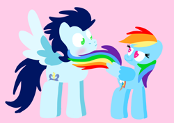 Size: 2602x1847 | Tagged: safe, anonymous artist, derpibooru exclusive, imported from derpibooru, rainbow dash, soarin', pegasus, pony, series:soarindash romantic tales, blushing, female, flirting, lineless, male, mare, seduction, shipping, soarindash, stallion, straight, tail, tail seduce