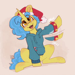 Size: 2500x2500 | Tagged: safe, artist:lionbun, imported from derpibooru, oc, unicorn, christmas, clothes, commission, cute, hat, holiday, hoodie, horn, jingle bells, male, santa hat, sketch, stallion, sweater, unicorn oc, waving