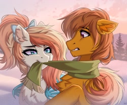 Size: 2048x1707 | Tagged: safe, artist:hakaina, oc, oc only, pony, clothes, cute, female, looking at each other, male, mare, scarf, stallion