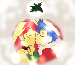 Size: 2200x1892 | Tagged: safe, artist:lirudraw, imported from derpibooru, flash sentry, sunset shimmer, equestria girls, christmas, female, flashimmer, holiday, kissing, male, mistletoe, shipping, straight