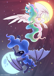 Size: 2894x4093 | Tagged: safe, alternate version, artist:jjsh, imported from derpibooru, nightmare moon, princess celestia, princess luna, alicorn, bat pony, bat pony alicorn, pony, bat ponified, bat wings, beautiful, duo, evil, fangs, female, fight, flying, grin, high res, horn, lunabat, mare, moon, night, night sky, open mouth, race swap, redraw, sky, smiling, spread wings, stars, sun, wings