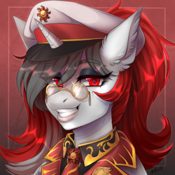 Size: 1200x1200 | Tagged: safe, artist:serodart, imported from derpibooru, oc, oc:red rocket, unicorn, equestria at war mod, badge, clothes, eyeshadow, glasses, hat, horn, looking at you, makeup, necktie, peaked cap, smiling, solar empire, unicorn oc, uniform