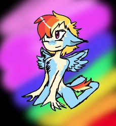 Size: 1100x1200 | Tagged: safe, artist:toffee-the-dingo, imported from derpibooru, rainbow dash, human, pegasus, pony, gradient background, human to pony, kneeling, solo, transformation