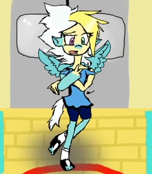 Size: 700x798 | Tagged: safe, artist:toffee-the-dingo, imported from derpibooru, fleetfoot, human, pegasus, pony, bed, clothes, eye color change, female, human to pony, lying down, on back, solo, transformation