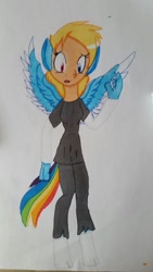 Size: 747x1328 | Tagged: safe, artist:toffee-the-dingo, imported from derpibooru, rainbow dash, human, pony, clothes, eye color change, female, human to pony, socks, solo, traditional art, transformation