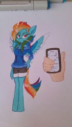 Size: 900x1600 | Tagged: safe, artist:toffee-the-dingo, imported from derpibooru, rainbow dash, anthro, human, pegasus, unguligrade anthro, cellphone, clothes, human to anthro, offscreen character, phone, post-transformation, shorts, smartphone, sweater, traditional art, transformation