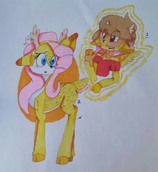 Size: 1072x1166 | Tagged: safe, artist:toffee-the-dingo, imported from derpibooru, fluttershy, deer, human, female, flutterdeer, human to deer, human to pony, magic, species swap, traditional art, transformation