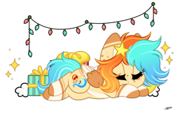 Size: 1600x1037 | Tagged: safe, artist:princessmoonsilver, imported from derpibooru, oc, oc:caprisun fishes, pegasus, pony, christmas, christmas lights, female, holiday, lying down, mare, present, prone, simple background, sleeping, solo, transparent background