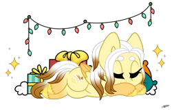 Size: 1600x1037 | Tagged: safe, artist:princessmoonsilver, imported from derpibooru, oc, oc:lemon meringue, pegasus, pony, christmas, christmas lights, female, holiday, lying down, mare, present, prone, simple background, sleeping, solo, transparent background