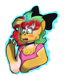 Size: 2246x2670 | Tagged: safe, artist:toffee-the-dingo, imported from derpibooru, sunset shimmer, human, pony, unicorn, bow, bust, chest fluff, eye color change, female, glowing, glowing horn, hair bow, high res, horn, human to pony, simple background, solo, transformation, transparent background