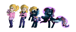 Size: 3751x1599 | Tagged: safe, artist:toffee-the-dingo, imported from derpibooru, nightmare moon, alicorn, human, pony, chest fluff, clothes, ethereal mane, female, galaxy mane, high res, human to pony, simple background, solo, torn clothes, transformation, transformation sequence, white background