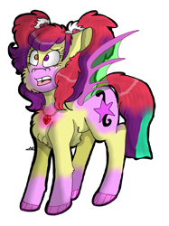 Size: 2118x2832 | Tagged: safe, artist:mlpsonic156, artist:toffee-the-dingo, imported from derpibooru, apple bloom, aria blaze, pony, siren, age progression, character to character, chest fluff, eye color change, fin wings, fins, fusion, gap teeth, gem, high res, pigtails, simple background, siren gem, solo, transformation, transparent background, wings