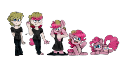 Size: 4407x2285 | Tagged: safe, artist:toffee-the-dingo, imported from derpibooru, pinkie pie, earth pony, human, pony, high res, human to pony, inanimate tf, plushie, shrinking, simple background, solo, transformation, transformation sequence, transparent background