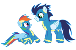 Size: 1280x840 | Tagged: safe, artist:soarindasher10, imported from derpibooru, rainbow dash, soarin', pegasus, pony, clothes, female, height difference, male, mare, shipping, simple background, soarindash, stallion, straight, transparent background, uniform, wonderbolts, wonderbolts uniform