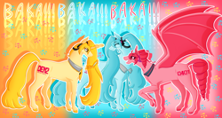 Size: 3000x1600 | Tagged: safe, artist:ireneroxanne666, imported from derpibooru, bat pony, earth pony, unicorn, akita neru, female, hatsune miku, horn, kasane teto, mare, trio, vocaloid