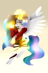 Size: 2988x4524 | Tagged: safe, artist:toffee-the-dingo, imported from derpibooru, princess celestia, alicorn, human, pony, clothes, glowing, glowing horn, gradient background, high res, horn, human to pony, mid-transformation, solo, transformation, worried