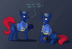 Size: 3440x2356 | Tagged: safe, artist:g472y, imported from derpibooru, oc, oc:bit shift, changeling, pony, unicorn, fallout equestria, blank eyes, brain, brainless, clothes, derp, drool, horn, impersonating, jumpsuit, mocking, organs, pipbuck, smiling, smirk, stealing, tongue out, vault suit