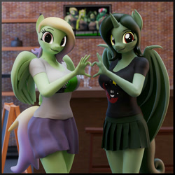 Size: 2000x2000 | Tagged: safe, artist:dangerousdpad, oc, oc only, oc:denalia, oc:green screen, anthro, bat pony, 3d, bat pony oc, bat wings, breasts, clothes, duo, duo female, female, wings