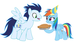 Size: 1280x731 | Tagged: safe, artist:soarindasher10, imported from derpibooru, rainbow dash, soarin', pegasus, pony, apple, apple pie, birthday, female, food, hat, male, mare, party hat, pie, shipping, simple background, soarindash, stallion, straight, that pony sure does love pies, transparent background