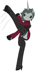 Size: 1642x3033 | Tagged: safe, artist:timejumper, imported from derpibooru, oc, oc only, oc:ashen winter, anthro, unicorn, action pose, ada wong, boots, clothes, commission info in description, dress, female, gloves, high heel boots, high heels, holster, horn, kicking, resident evil, roundhouse kick, shoes, solo, straps, sweater, thigh boots, zipper