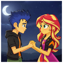 Size: 1060x1058 | Tagged: safe, imported from derpibooru, flash sentry, sunset shimmer, equestria girls, ai content, ai generated, blushing, female, flashimmer, male, outdoors, passepartout, prompter:julzette, shipping, straight