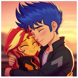 Size: 1320x1324 | Tagged: safe, imported from derpibooru, flash sentry, sunset shimmer, human, equestria girls, ai content, ai generated, blushing, female, flashimmer, hug, male, outdoors, passepartout, prompter:julzette, shipping, straight