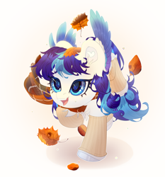 Size: 2700x2900 | Tagged: safe, artist:medkit, imported from derpibooru, oc, oc only, oc:snowflake flower, pegasus, pony, accessory, autumn, autumn leaves, blue eyes, blue mane, blue tail, cel shading, chest fluff, chibi, clothes, colored ears, colored eyebrows, colored eyelashes, colored hooves, colored lineart, colored pupils, colored wings, ear fluff, ears up, eye clipping through hair, eyebrows, eyebrows visible through hair, eyes open, feathered wings, female, fringe, full body, gradient background, gradient wings, heart ears, heart shaped, hooves, leaf, leaves, leg fluff, lightly watermarked, long mane, long tail, looking at something, mare, multicolored wings, open mouth, open smile, paint tool sai 2, pegasus oc, raised eyebrows, raised hoof, raised leg, running, scarf, shading, shadow, signature, smiling, socks, solo, spread wings, tail, three quarter view, two toned mane, two toned tail, wall of tags, water drops, watermark, white coat, wings