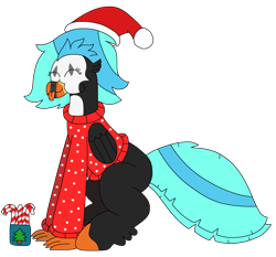 Size: 2397x2235 | Tagged: safe, artist:supahdonarudo, imported from derpibooru, oc, oc:icebeak, classical hippogriff, hippogriff, :p, candy, candy cane, christmas, christmas tree, clothes, cup, eyes closed, food, happy, hat, holiday, santa hat, simple background, sitting, sweater, tongue out, transparent background, tree