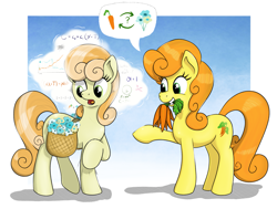 Size: 2855x2154 | Tagged: safe, artist:eels, imported from derpibooru, carrot top, golden harvest, junebug, earth pony, pony, bag, carrot, duo, duo female, female, flower, food, high res, mare, math, mouth hold, open mouth, passepartout, pointing, raised hoof, saddle bag, smiling, speech bubble, thinking