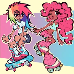 Size: 2048x2048 | Tagged: safe, artist:bronieforponie, artist:broniesforponies, imported from derpibooru, pinkie pie, rainbow dash, human, bare shoulders, humanized, roller skates, skateboard, skates, sleeveless