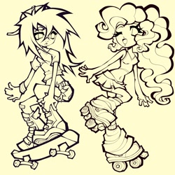 Size: 2048x2048 | Tagged: safe, artist:broniesforponies, imported from derpibooru, pinkie pie, rainbow dash, human, humanized, roller skates, skateboard, skates