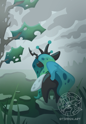 Size: 1640x2360 | Tagged: safe, artist:stirren, imported from derpibooru, queen chrysalis, changeling, changeling queen, butt, chibi, facing away, female, outdoors, plot, rear view, solo, standing, swamp