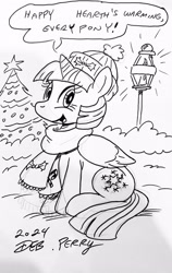 Size: 2352x3713 | Tagged: safe, artist:debmervin, imported from derpibooru, twilight sparkle, alicorn, pony, black and white, clothes, grayscale, hat, hearth's warming eve, monochrome, outdoors, scarf