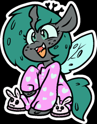 Size: 565x719 | Tagged: safe, artist:zutcha, edit, imported from twibooru, queen chrysalis, changeling, changeling queen, black background, bunny slippers, clothes, cute, cutealis, female, freckles, heart print, image, open mouth, open smile, outline, pajamas, png, raised hoof, simple background, slippers, smiling, solo, white outline, younger