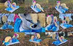 Size: 3840x2403 | Tagged: safe, artist:lanacraft, imported from derpibooru, photographer:damagics, derpy hooves, pegasus, pony, autumn, bedroom eyes, bow, bowtie, clothes, female, hoodie, life size, lying down, mare, multiple views, outdoors, photo, photo shoot, plushie, prone, socks, solo, striped socks