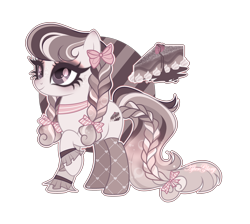 Size: 3594x3220 | Tagged: safe, artist:afterglory, imported from derpibooru, oc, oc only, earth pony, pony, adoptable, adoptable open, alternate versions at source, bangs, base used, bow, braid, braided pigtails, braided tail, brown eyelashes, brown eyeshadow, brown mane, brown pupils, brown socks, brown tail, choker, clothes, colored eyelashes, colored pupils, detached sleeves, earth pony oc, eyelashes, female, female oc, for sale, freckles, hair accessory, hair bow, high res, long mane, long tail, mane accessory, mare, mare oc, outline, pigtails, pink bow, raised hoof, signature, smiling, socks, solo, sparkles, sparkly mane, sparkly tail, standing, standing on three hooves, tail, tail accessory, tail bow, tan coat, thick eyelashes, three quarter view, three toned mane, three toned tail, tied mane, tied tail