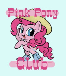 Size: 1762x2048 | Tagged: safe, artist:amynewblue, imported from derpibooru, pinkie pie, earth pony, pony, bipedal, chappell roan, cowboy hat, design, hat, my little pony, pink pony, shirt design, song reference