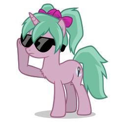 Size: 2800x2800 | Tagged: safe, artist:oblivionfall, imported from derpibooru, oc, oc only, oc:magicalmysticva, pony, unicorn, bow, female, glasses, hair bow, horn, pigtails, pink body, pink bow, png, simple background, solo, sunglasses, teal mane, transparent background, twintails, vector