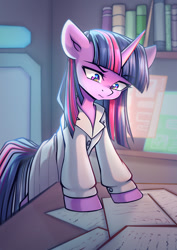 Size: 819x1158 | Tagged: safe, artist:chaosangeldesu, imported from derpibooru, twilight sparkle, pony, unicorn, clothes, commission, horn, lab coat, laboratory, solo