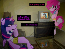 Size: 736x552 | Tagged: safe, artist:brynnstic, imported from derpibooru, pinkie pie, twilight sparkle, alicorn, anthro, semi-anthro, unguligrade anthro, bra, clothes, curly mane, deviantart, dialogue, eyelashes, female, females only, hooves, horn, lesbian, lidded eyes, my little pony, piercing, raised leg, roommates, shipping, shorts, small wings, socks, stockings, straight mane, text, thigh highs, twilight sparkle (alicorn), twinkie, underwear, winged anthro, wings