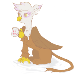 Size: 2000x2000 | Tagged: safe, artist:canary9, imported from derpibooru, gilda, griffon, birb, coffee mug, female, mug, simple background, sitting, solo, white background