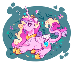 Size: 2048x1799 | Tagged: safe, artist:cocopudu, imported from derpibooru, princess cadance, alicorn, butterfly, dragonfly, insect, pony, unicorn, alternate eye color, beard, coat markings, colored ears, colored eartips, colored eyebrows, colored pupils, colored wings, colored wingtips, crooked horn, crown, curly mane, curly tail, eyelashes, facial hair, facial markings, female, flower, folded wings, grass, hoof shoes, horn, jewelry, leonine tail, long horn, lying down, magenta pupils, mare, peytral, pink eyes, pink wingtips, plant, princess shoes, profile, prone, purple eyes, regalia, signature, smiling, snip (coat marking), solo, star (coat marking), tail, tail fluff, three toned ears, three toned mane, three toned tail, two toned wings, unicorn beard, wings