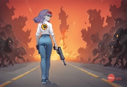 Size: 1216x832 | Tagged: safe, imported from derpibooru, maud pie, human, ai assisted, ai content, ai generated, clothes, denim, fire, humanized, jeans, monster, pants, rear view, road, serious sam, shirt, solo, sunglasses, walking, weapon