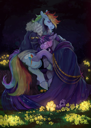 Size: 1672x2363 | Tagged: safe, artist:bunnari, imported from derpibooru, rainbow dash, twilight sparkle, pegasus, pony, bomber jacket, cloak, clothes, crying, curved horn, flower, forest, glasses, horn, jacket, nature, night, scar, tree