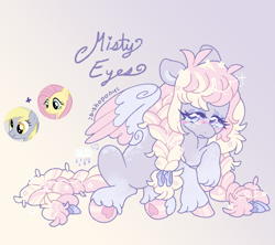 Size: 2197x1949 | Tagged: safe, artist:bishopony, imported from derpibooru, derpy hooves, fluttershy, oc, oc:misty eyes, pegasus, pony, blush scribble, blushing, bow, braid, braided tail, coat markings, colored wings, colored wingtips, dappled, eyeshadow, female, floppy ears, flower, flower in hair, flower in tail, fusion, fusion:derpy hooves, fusion:fluttershy, gradient background, gradient legs, hair bow, high res, hoof heart, hooves, lidded eyes, makeup, mare, name, partially open wings, raised hoof, signature, sitting, smiling, tail, tail bow, underhoof, unshorn fetlocks, wings